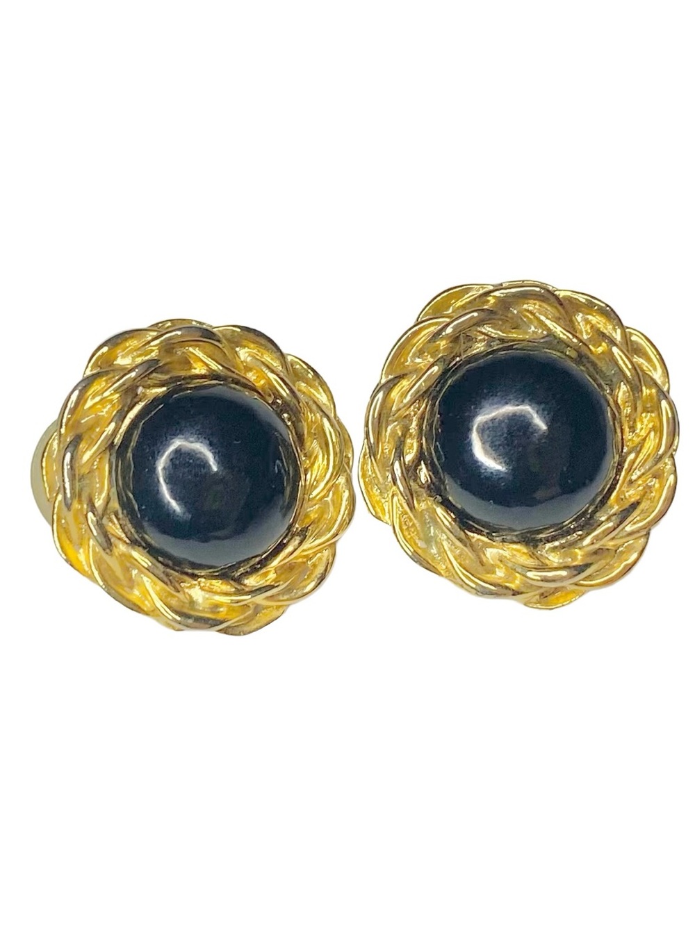 Vintage Gold Tone Rope Edge Black Cabochon Stud Earrings